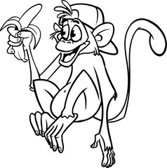 Cartoon funny monkey chimpanzee outlined. Vector illustration of happy monkey character for coloring book. Black and white contours animal