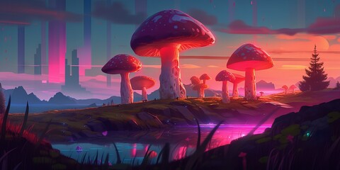 sunset in the mushroom forest