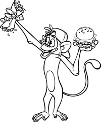 Cartoon funny monkey chimpanzee outlined. Vector illustration of happy monkey character for coloring book. Black and white contours animal