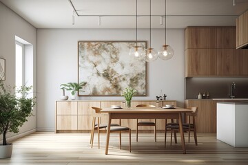 With a spherical chandelier over the dining table, a linear light fixture, a minimalist cabinet, and a parquet floor, this mockup canvas depicts the interior of a grey and white kitchen. concept for c