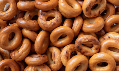 pile of freshly baked bagels close-up