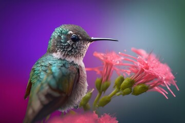 Realistic photo of hummingbird and dianthus flowers, on blurred background. Generative Ai