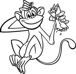 Cartoon funny monkey chimpanzee outlined. Vector illustration of happy monkey character for coloring book. Black and white contours animal