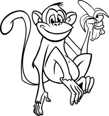 Cartoon funny monkey chimpanzee outlined. Vector illustration of happy monkey character for coloring book. Black and white contours animal