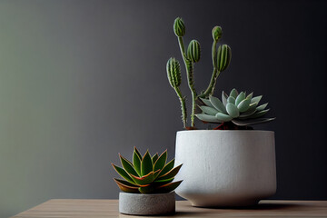 a pot of green succulents with a solid background material