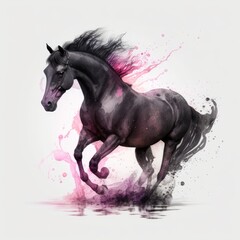 Obraz na płótnie Canvas watercolor black horse on pink water, isolated on white background, generative ai