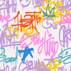 Urban typography seamless pattern with street art graffiti slogan print. Abstract graphic underground unisex design for t-shirts and sweatshirt in bright neon colors.