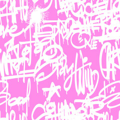 Fototapeta na wymiar Urban typography seamless pattern with street art graffiti slogan print. Abstract graphic underground design for t-shirts and sweatshirt in bright neon pink colors.