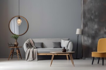 interior scandinavian style design decor living loft couch apartment carpet modern pillow sofa. Generative AI.
