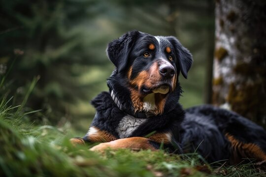 Mountain dog from Appenzeller relaxing outside in the grass. Generative AI