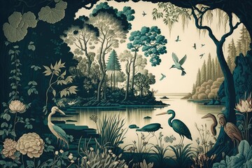 wallpaper jungle and leaves tropical forest birds old drawing vintage - generative ai