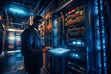 A captivating image capturing a young man utilizing a digital tablet, expertly navigating server cabinets and supercomputing operations - obrazy, fototapety, plakaty