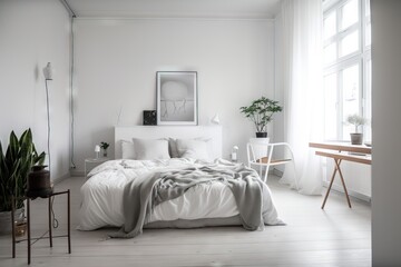  a white bedroom with a bed and a plant on the side of the bed, and a picture on the wall above the bed,.  generative ai