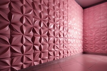  a room with a pink wall and tile floor and a pink wall with a pattern on the wall and a pink wall with a pattern on the wall.  generative ai