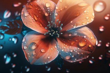  a close up of a flower with drops of water on it's petals and a dark background with a red and white flower with a blue center.  generative ai