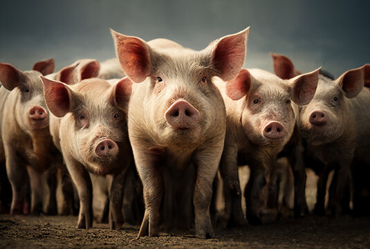Herd of pigs on the farm. Generative AI