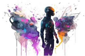  a man standing in front of a painting of a butterfly on a white background with a splash of paint on the back of his head.  generative ai