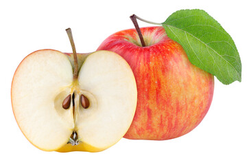Red yellow apple with green leaf and half isolated on transparent background