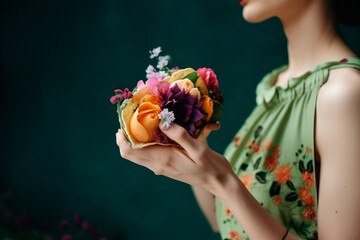 Woman holding taco with spring flowers and berries in hands. generative ai