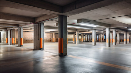 Empty shopping mall underground parking lot or garage interior with concrete stripe painted columns. Generative Ai - obrazy, fototapety, plakaty