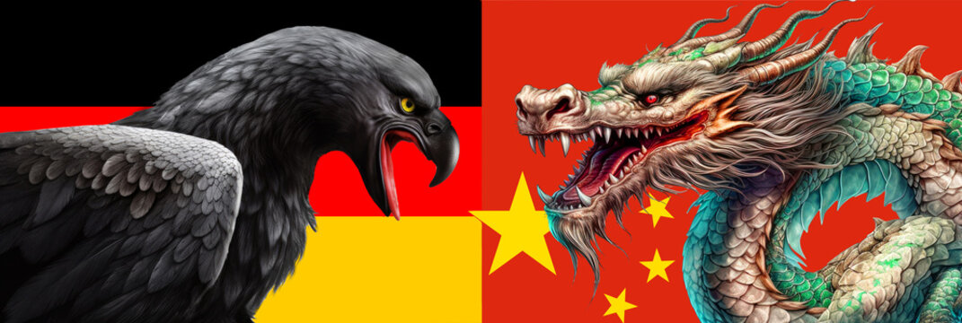 German eagle and Chinese dragon with corresponding country flags. Concept for economic trade. Generative AI