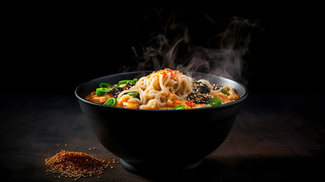Korean style instant noodle, Shin Ramyeon with minced meat, kimchi, tofu cheese, shiitake mushrooms. Generative Ai