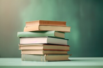  a stack of books sitting on top of each other on top of a green tablecloth covered table top next to a green wall and a green wall.  generative ai