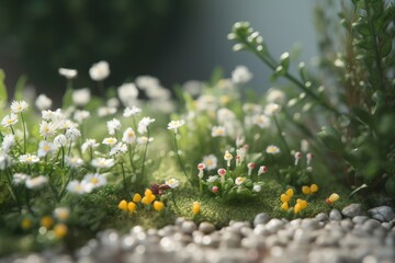 Obraz na płótnie Canvas a close up of a small patch of grass with flowers growing out of the grass and rocks on the ground next to it, with a blurry background of grass and white flowers. generative ai