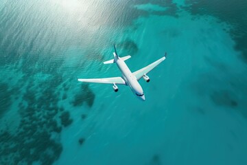  an airplane flying over a body of water near a shore line with a boat in the water and a boat in the water behind it.  generative ai
