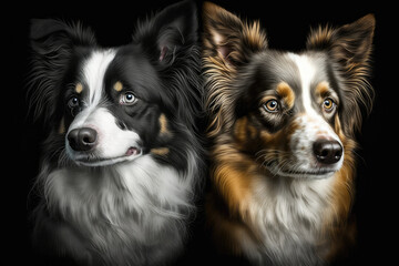 Twins Siblings Border Collie Black Background. Generative AI