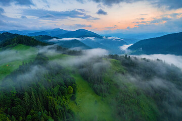 Fog envelops the mountain forest. The rays of the rising sun break through the fog. drone view.