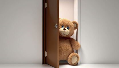 Cute brown Teddy bear toy sneak behind the door and surprise to congratulate the special day holiday festivals. game child, day care, welcome, kid day, shy childhood, party funny, generate by AI.