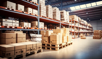 stock product inventory on shelf at distribution warehouse. logistic business ship and deliver, professional, stock, manage, movement, logistic, storage, deliver, supply, storehouse, generate by AI