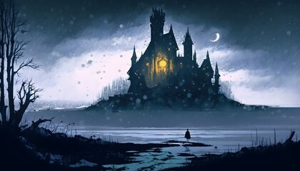 castle silhouette in winter at night, illustration painting, Generative AI