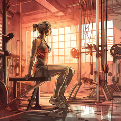 Obraz na płótnie Canvas Fitness woman doing exercises in gym, hand drawn & artistic, Generative AI