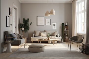 Interior of a minimalist living room in flat single pastel ash gray color with furniture and plants in the room and 8 frames on the wall. Generative AI