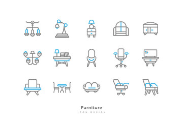 Set of Furniture Icons with Simple and Minimalist Line Style. Home Interior Elements, Contains Study Lamp, Window, Workbench, Office Chair, Sofa, and More