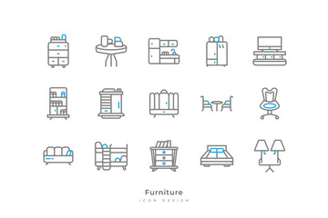 Set of Furniture Icons with Simple Line Style. Home Interior Elements, Containing Kitchen, Bookshelf, Bed, Lamp, Refrigerator, and More