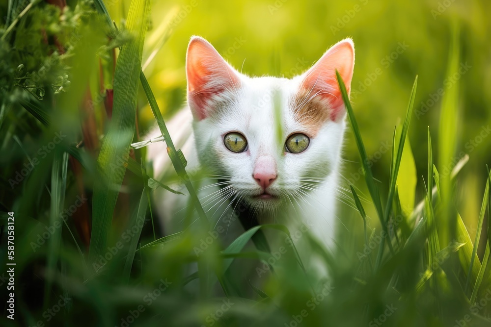 Sticker Summer Cat in the Green Grass Adorable cat with stunning yellow eyes. Generative AI