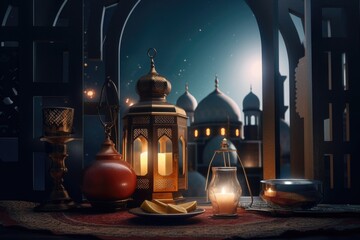 Fototapeta premium Muslim Holy Month Ramadan Kareem - Ornamental Arabic Lantern With Burning Candle Glowing At Evening,generative ai.