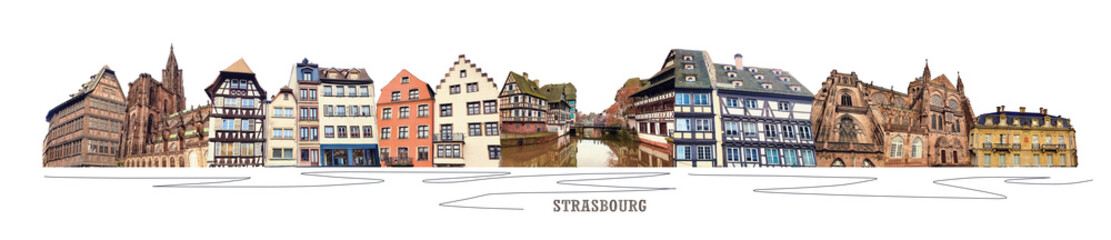 Collage of various view of Strasbourg in France. Historic wooden facade in downtown of Strasbourg at France at winter. Art design