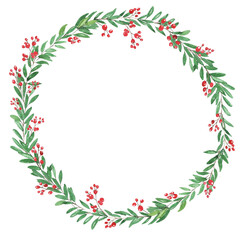 Watercolor Christmas tree and holly. Hand painted vintage frame with branches, berries and leaves isolated on white background. Traditional evergreen frame