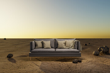 lonely living room couch in large desert environment; immersion entertainment movie concept; 3D illustration