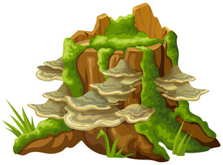 Logs, stumps in moss with fungus. Cartoon tree in lichen in swamp forest. Broken oak in tropical damp  jungle. Isolated vector element on white background.