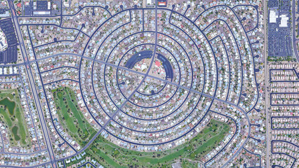 Sun City bird's eye view, a circular shaped suburb of Phoenix, looking down aerial view from above...