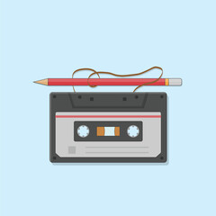 illustration of an audio cassette tape reel with a lead pencil 90s 80s nostalgia memories retro vintage tech 