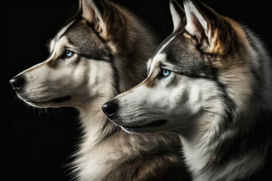 Twins Siblings Siberian Husky Black Background. Generative AI