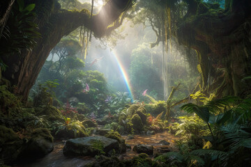 waterfall rainbow in the jungle