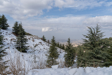 Panorama view of the Lebanon mountain region Baskinta in winter.
