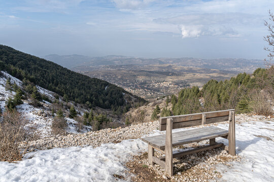 Panorama view of the Lebanon mountain region Baskinta in winter.